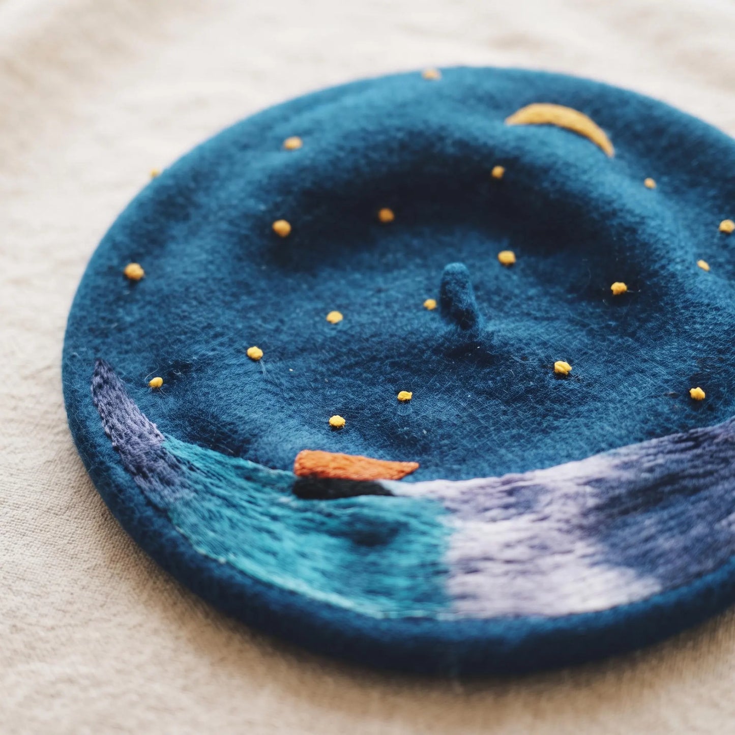 Starry Night Celestial Wool Beret – Moon, Stars & Ocean Waves Nautical Hat